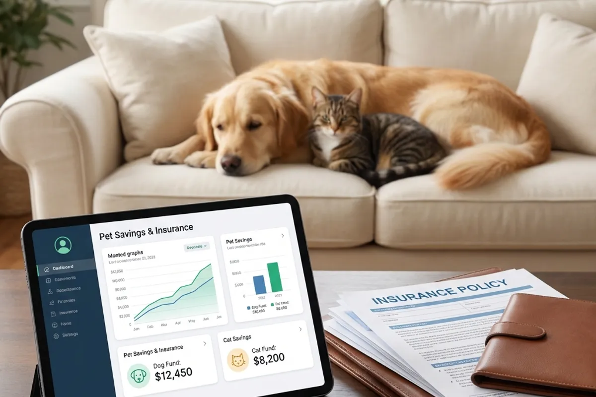 Financial dashboard showing savings for multiple pets with dog and cat sleeping on sofa
