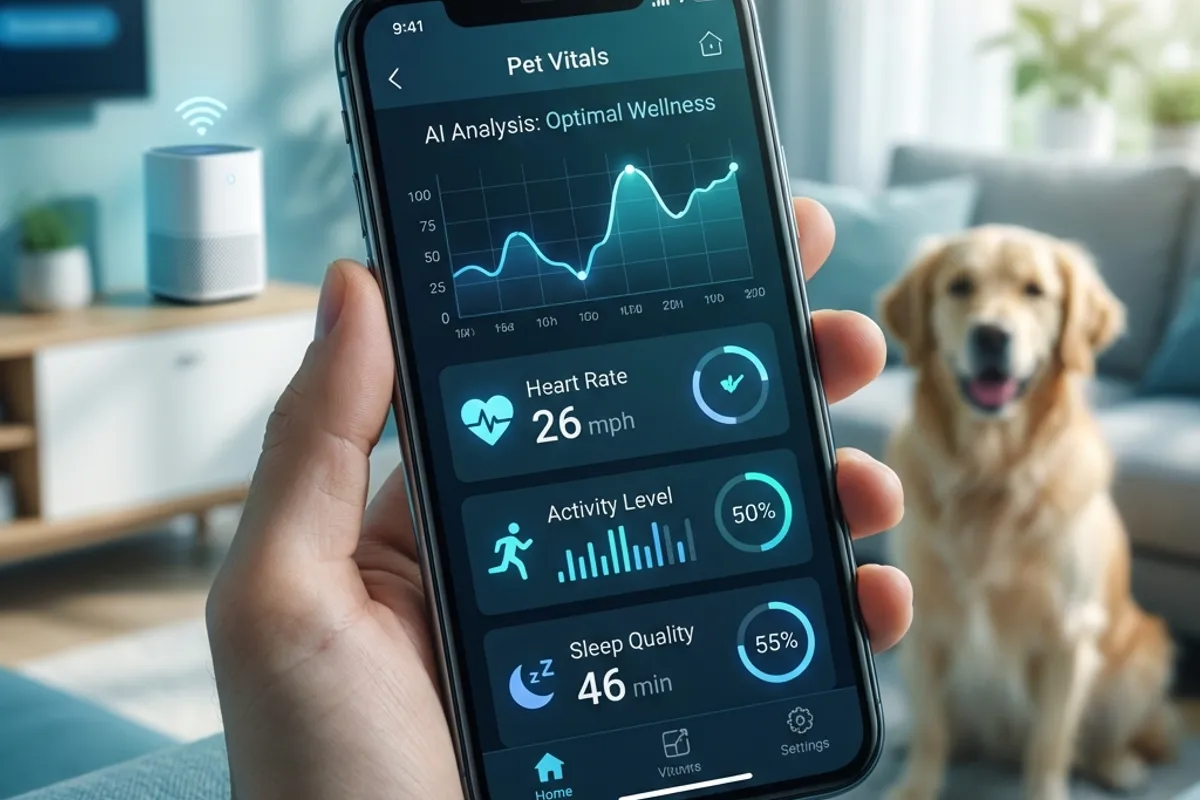 Smartphone app displaying pet health metrics with golden retriever blurred in background