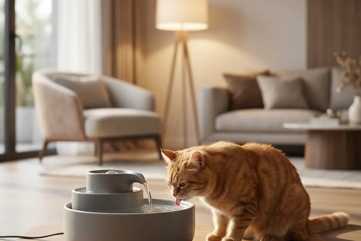 Orange tabby cat drinking from sleek ceramic modern water fountain in sunlit room