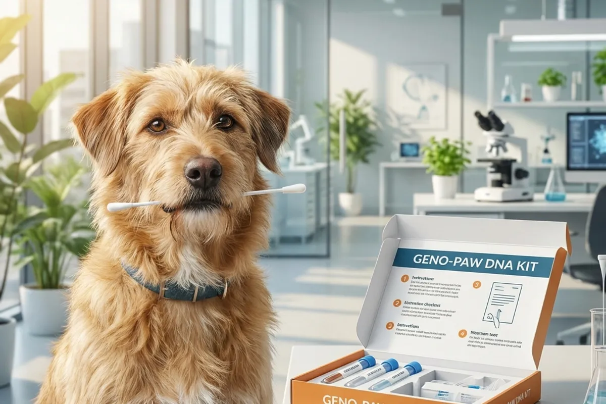 Mixed breed dog holding DNA test swab with home testing kit on table