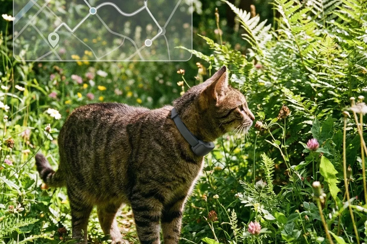 Adventurous cat exploring garden wearing sleek GPS tracking collar with map overlay