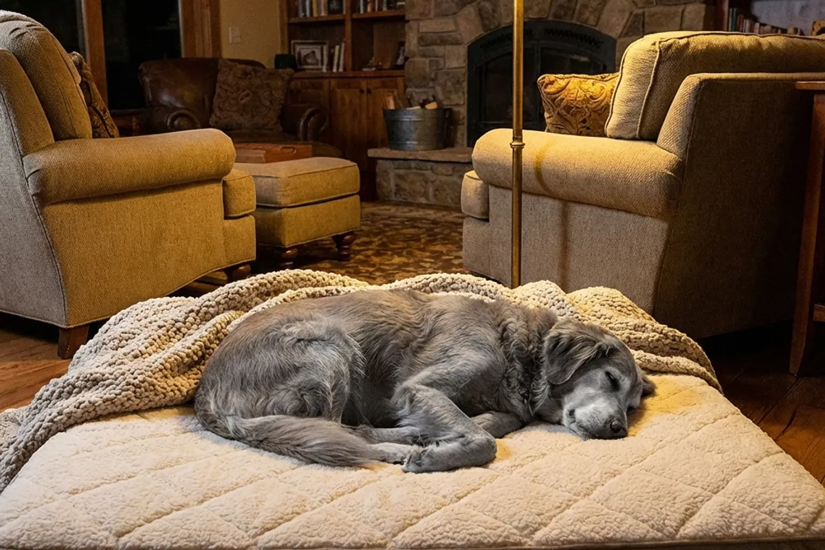 Large senior dog sleeping soundly on thick memory foam orthopedic bed in cozy room