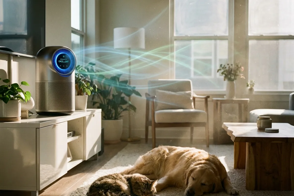 Golden retriever and cat sleeping peacefully near modern air purifier in sunlit living room