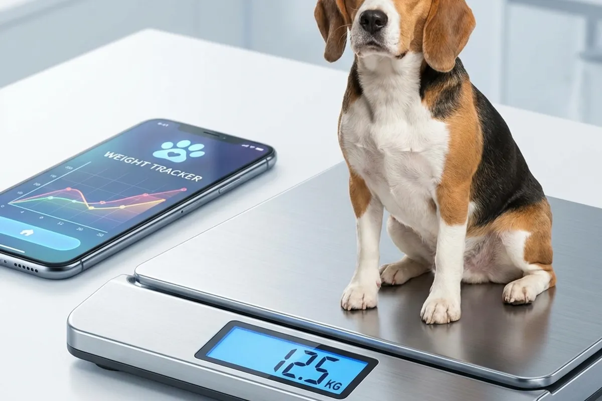 Beagle sitting on digital pet scale with smartphone app tracking weight trends in background