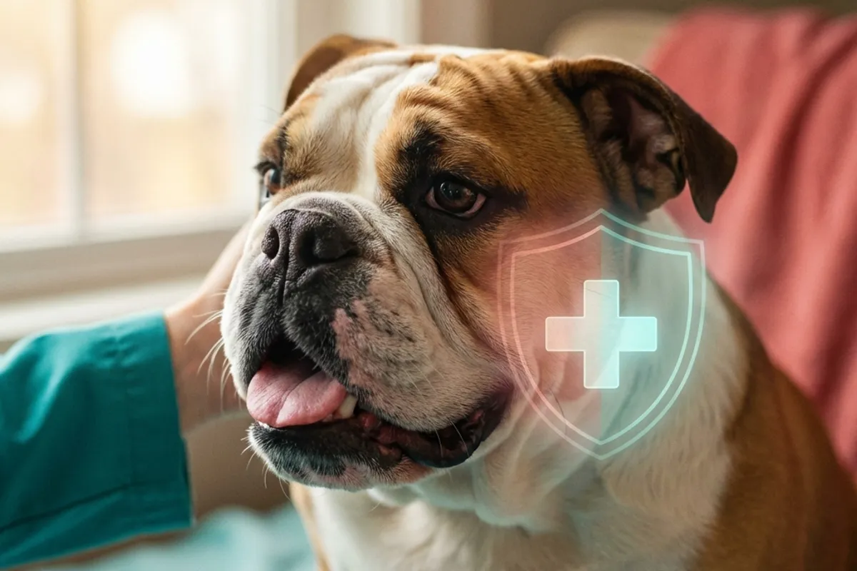 Close-up of Bulldog face with subtle medical shield graphic protecting it