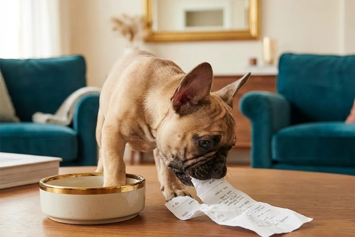 Adorable French Bulldog puppy playing with a torn receipt in modern living room