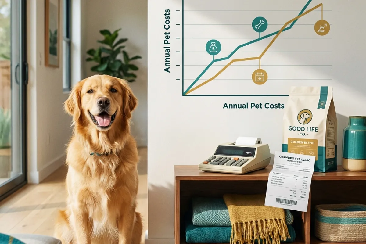 Happy Golden Retriever in modern home with annual pet cost chart and financial elements
