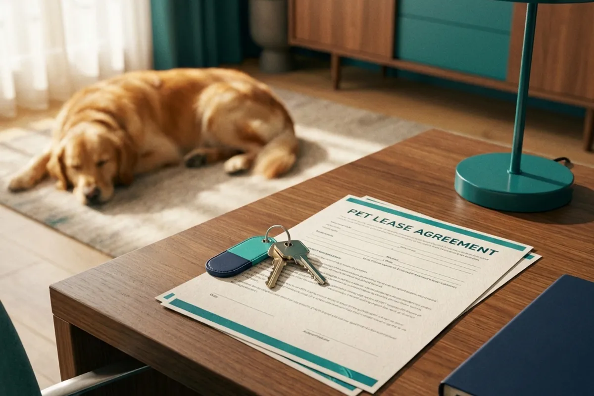 Pet lease agreement and keys on desk with golden retriever resting in background