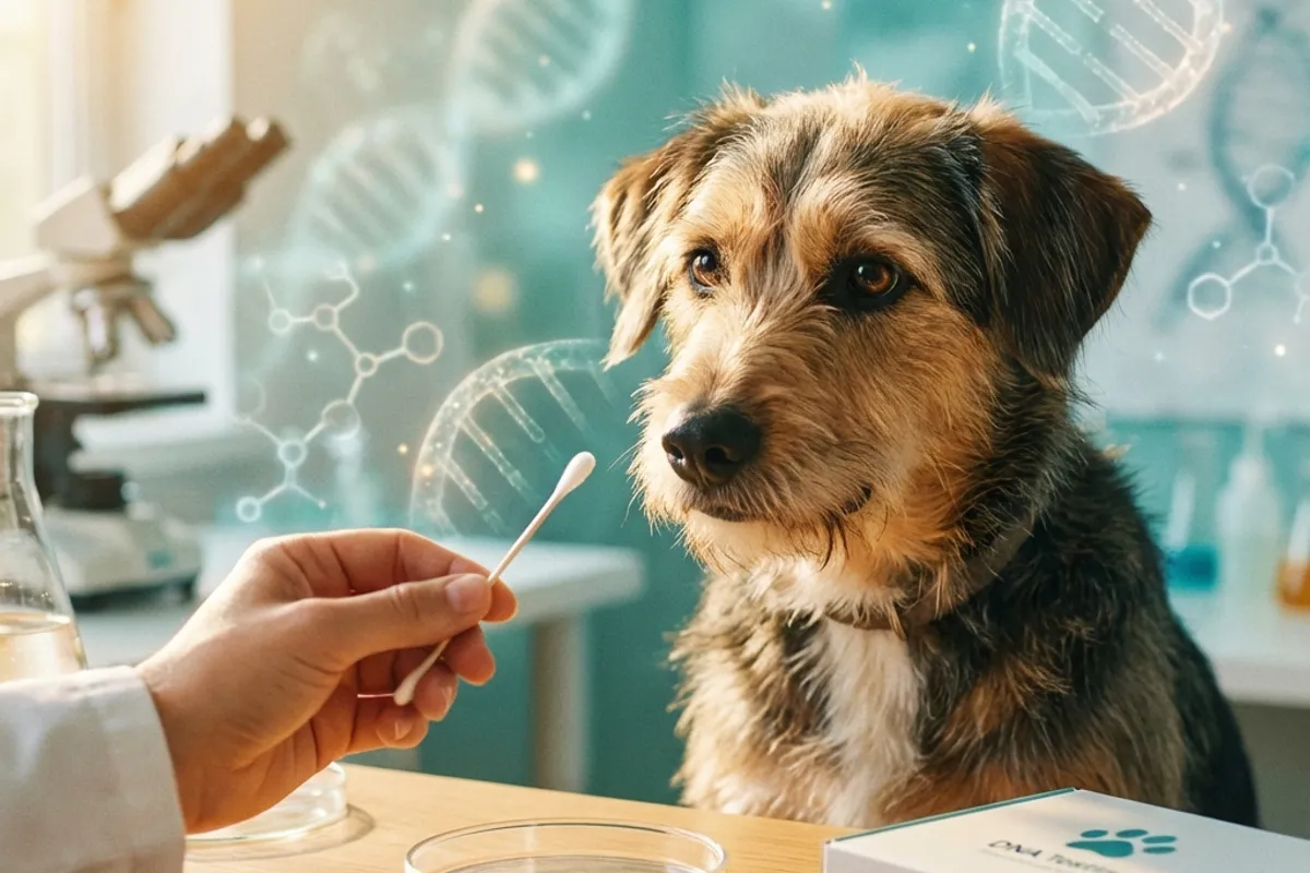 Friendly mixed-breed dog looking at DNA test kit swab with DNA helix patterns in background