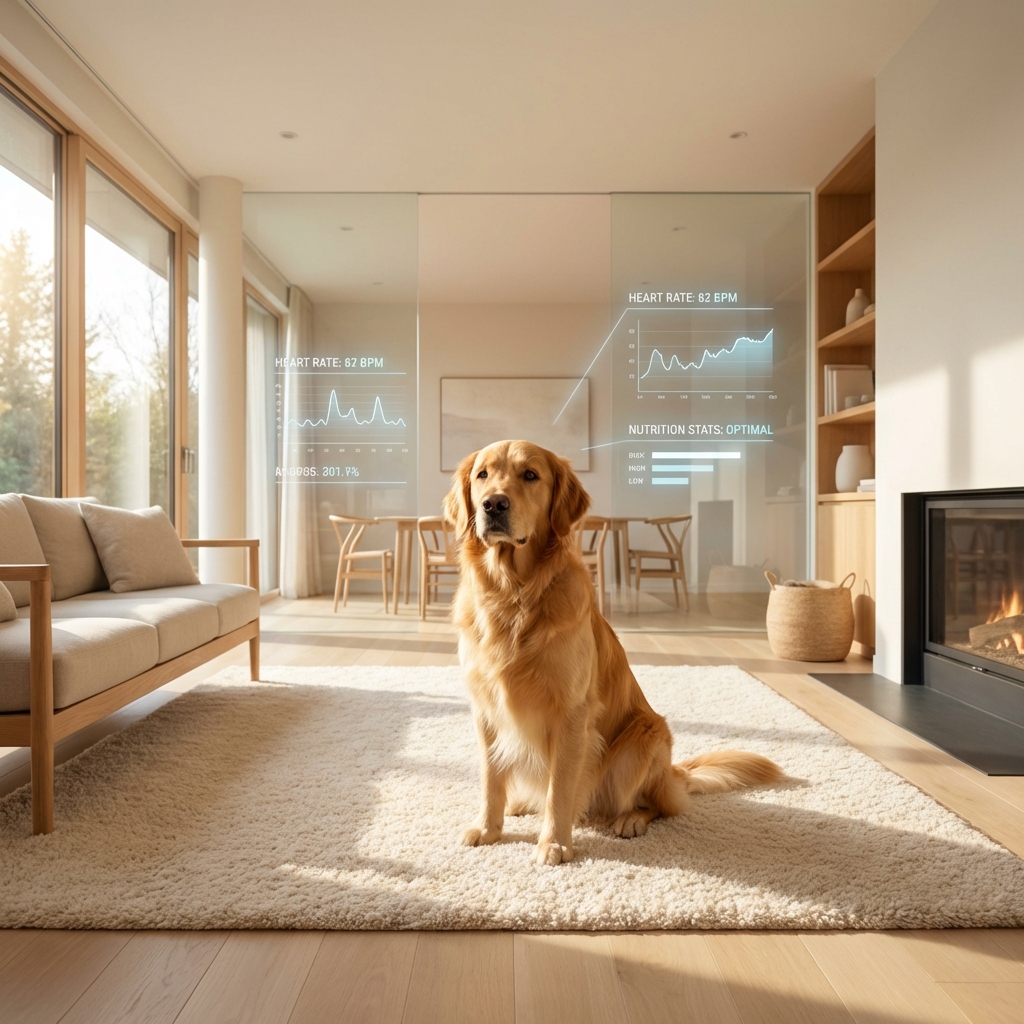 Golden Retriever in modern home with data overlay