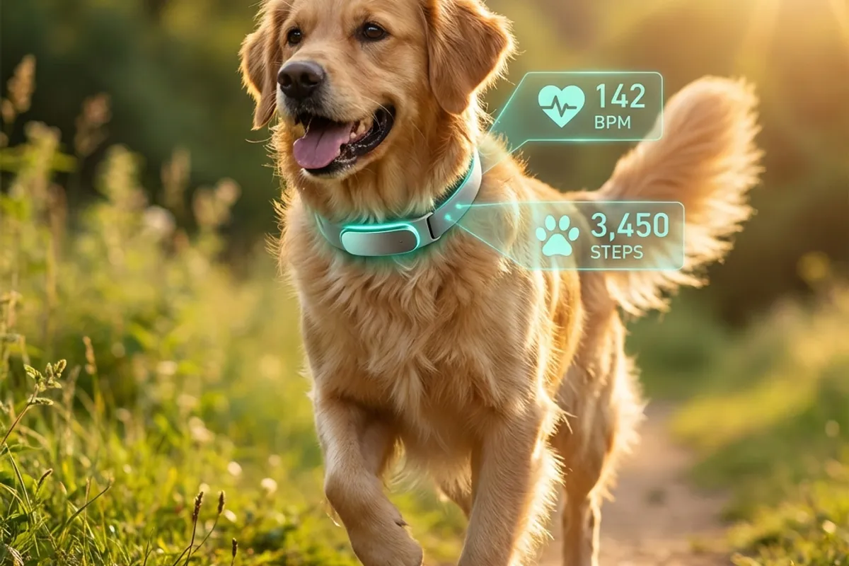 Golden Retriever running outdoors wearing a smart health tracking collar with holographic data display