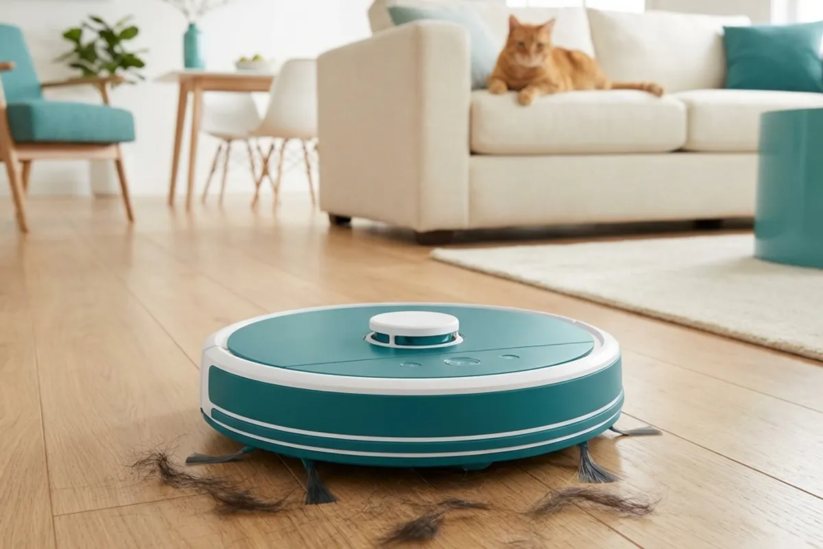 Sleek robot vacuum cleaning pet hair on hardwood floor with cat watching from sofa