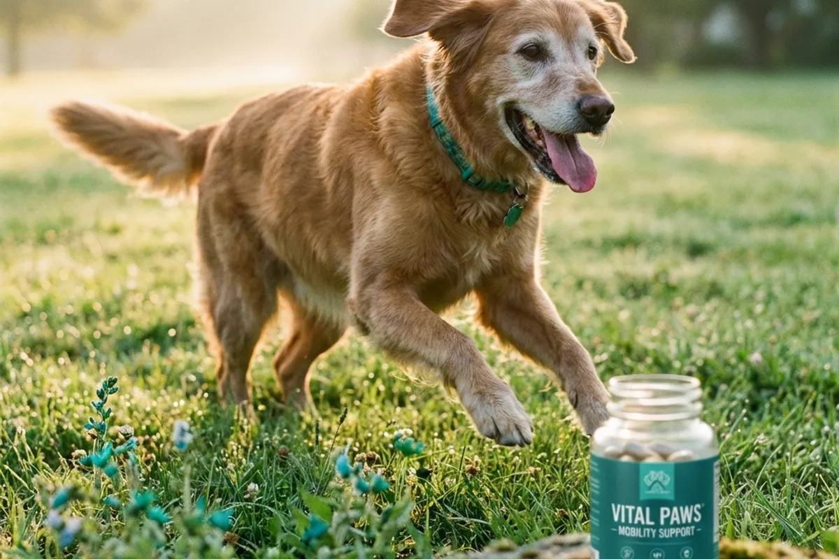 Active senior retriever mix running happily in park with supplement bottle in foreground
